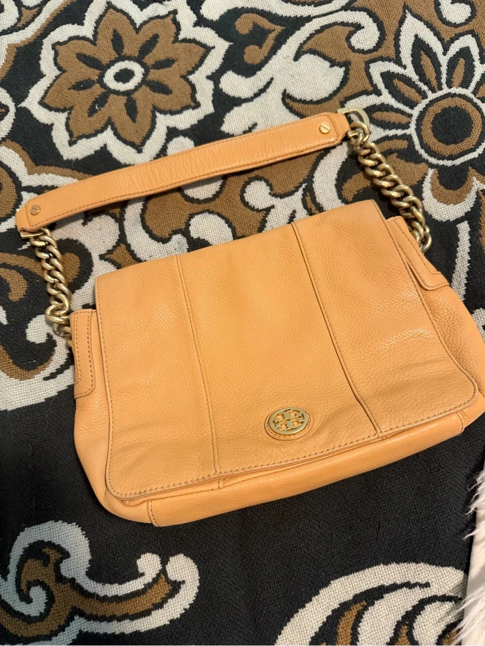 Tory Burch Camel/Tan Pebbled Leather Shoulder Bag with Gold Chain